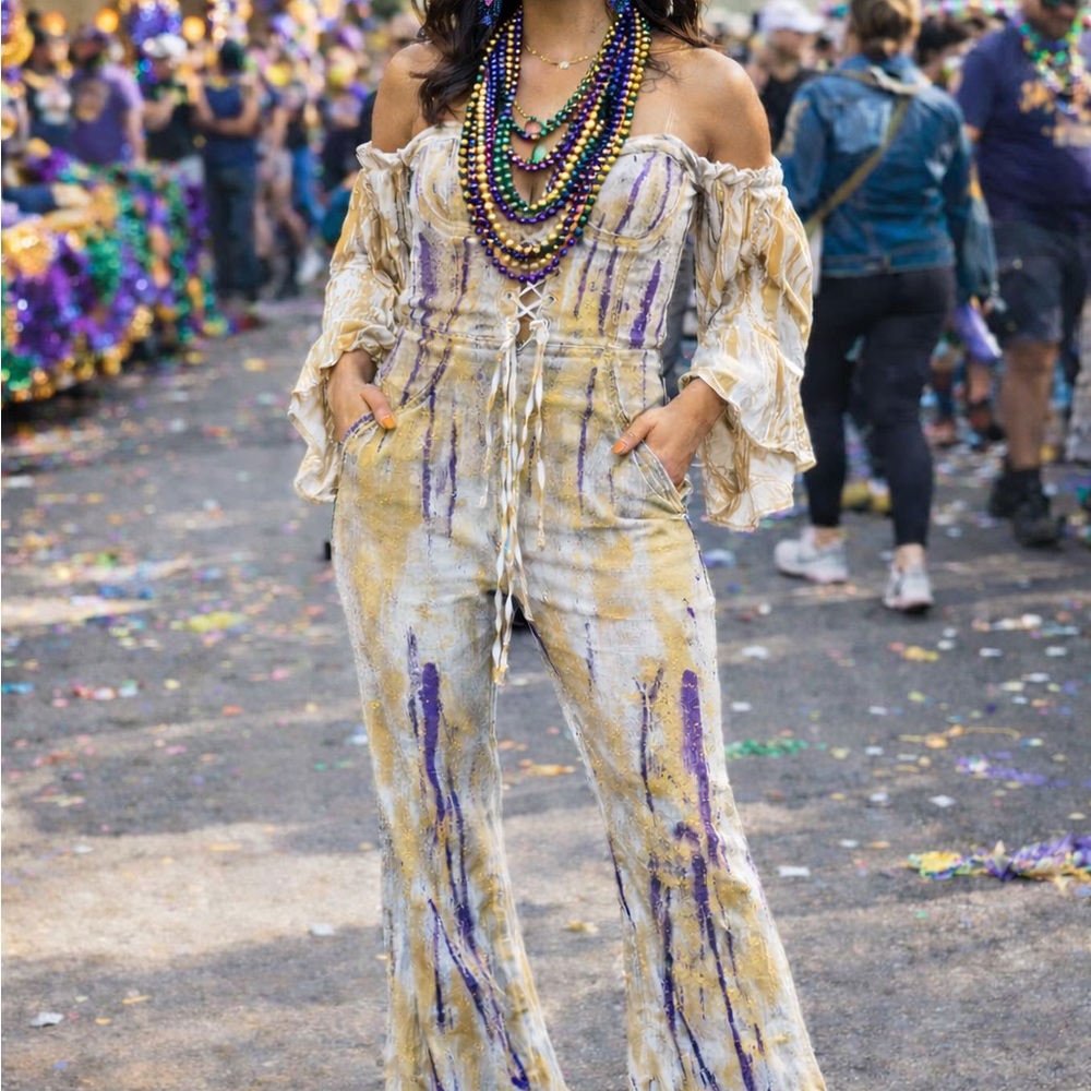 Stylish Women's Denim Jumpsuit in Cream and Purple